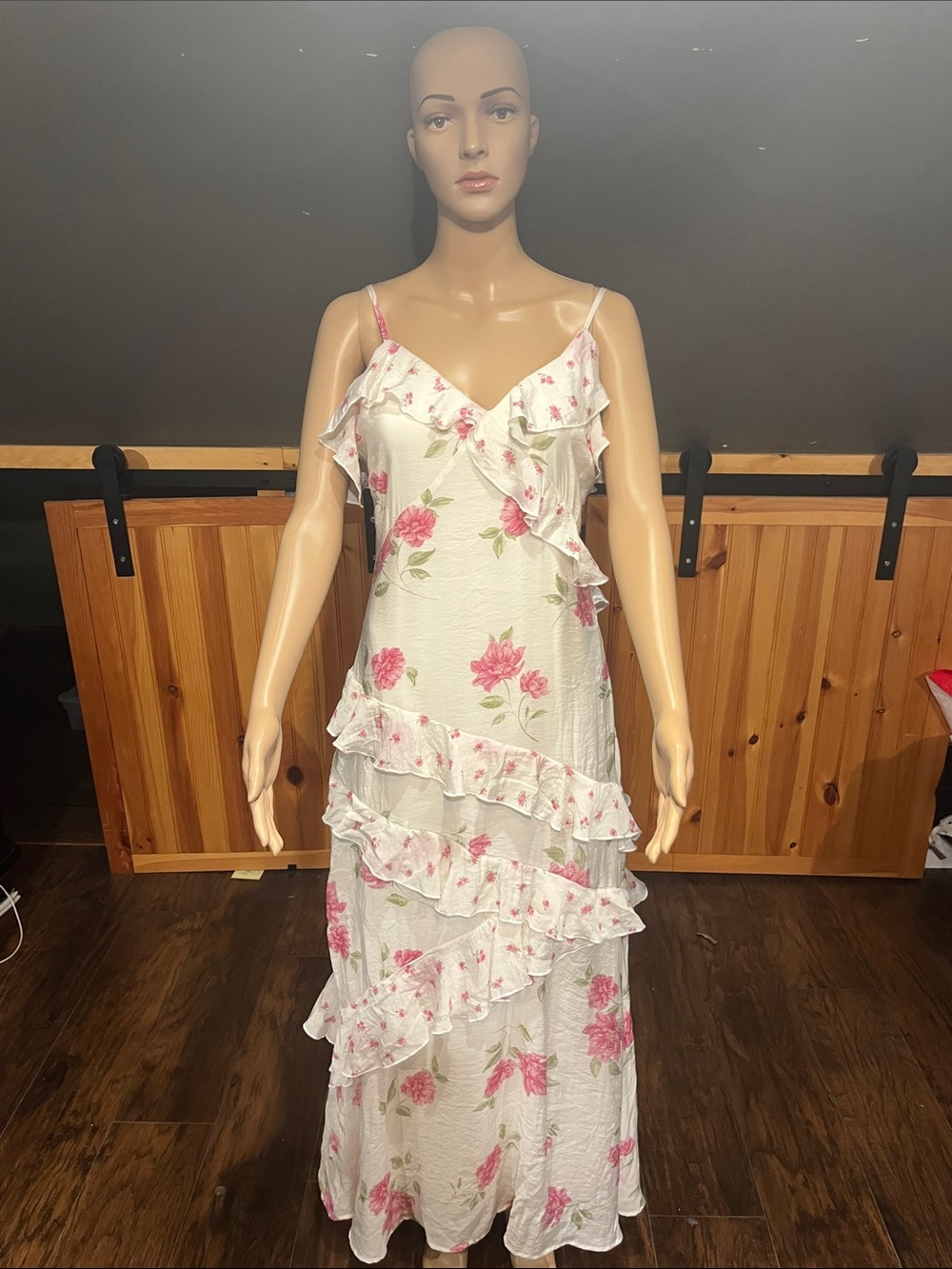 White Floral Ruffle Maxi Dress with Pink Roses - Picture 2 of 6